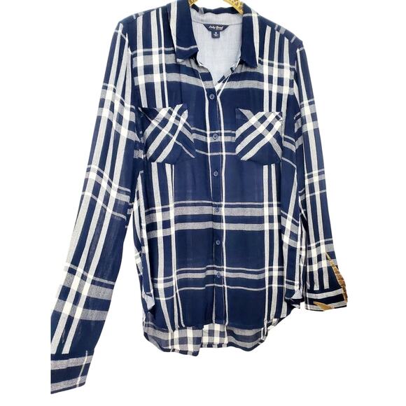 Lucky Brand Top Size M Plaid Boho Blue Viscose Button Up Womens Medium Shirt - Picture 1 of 12